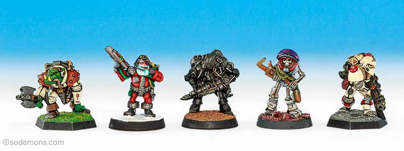 LE1 Space Orc, LE6 Space Santa, LE10 Power Armoured Marine, LE9 Space Skeleton, LE2 Imperial Space Marine