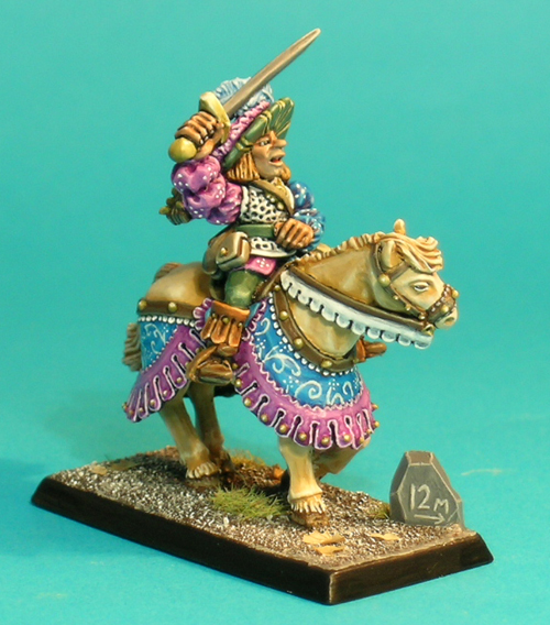 Pose 2, variant A. The mounted bard is identically armed and dressed. He carries his lute slung at his back, and has his sword drawn and raised above his head. The horse is a fine beast, wearing an ornate caparison and harness.